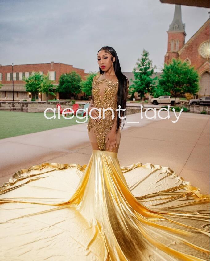 Gold Sparkly Long Mermaid Prom Formal Dresses for Women 2024 Luxury Crystal Black Girl Sheer Mesh Evening Birthday Gala Gown