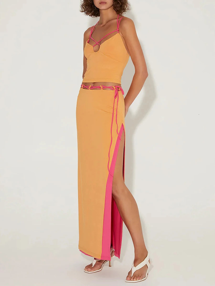 Womens Two Piece Summer Outfits Sleeveless Spaghetti Strap Halter Tops and Long Skirt Set Beachwear 240315Z