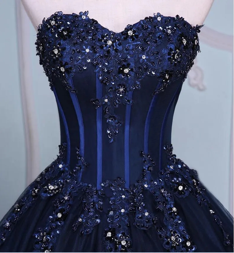 Navy Blue Ball Gown Prom Party Dress 2024 Sweetheart Beaded Lace Appliques Corset Evening Birthday Celebrity Gowns Robe Soiree Vestidos De Noche