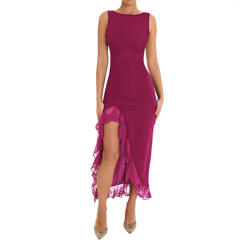 Casual Dresses Women Elegant Ruffle Hem Mermaid Mesh Dress Sleeveless Backless Bodycon Pleated Midi Evening Party