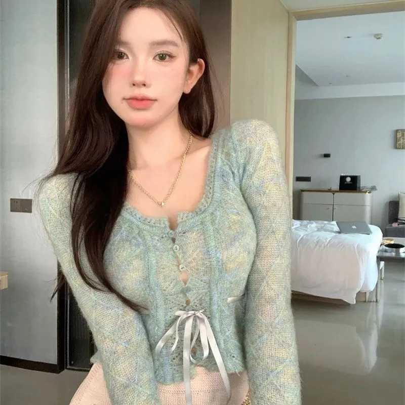 Long Sleeve Rainbow Crop Tops Women Sexy Spice Girls Button Lace-Up Knitted Cardigan Woman Korean Slim Short Sweater 240227