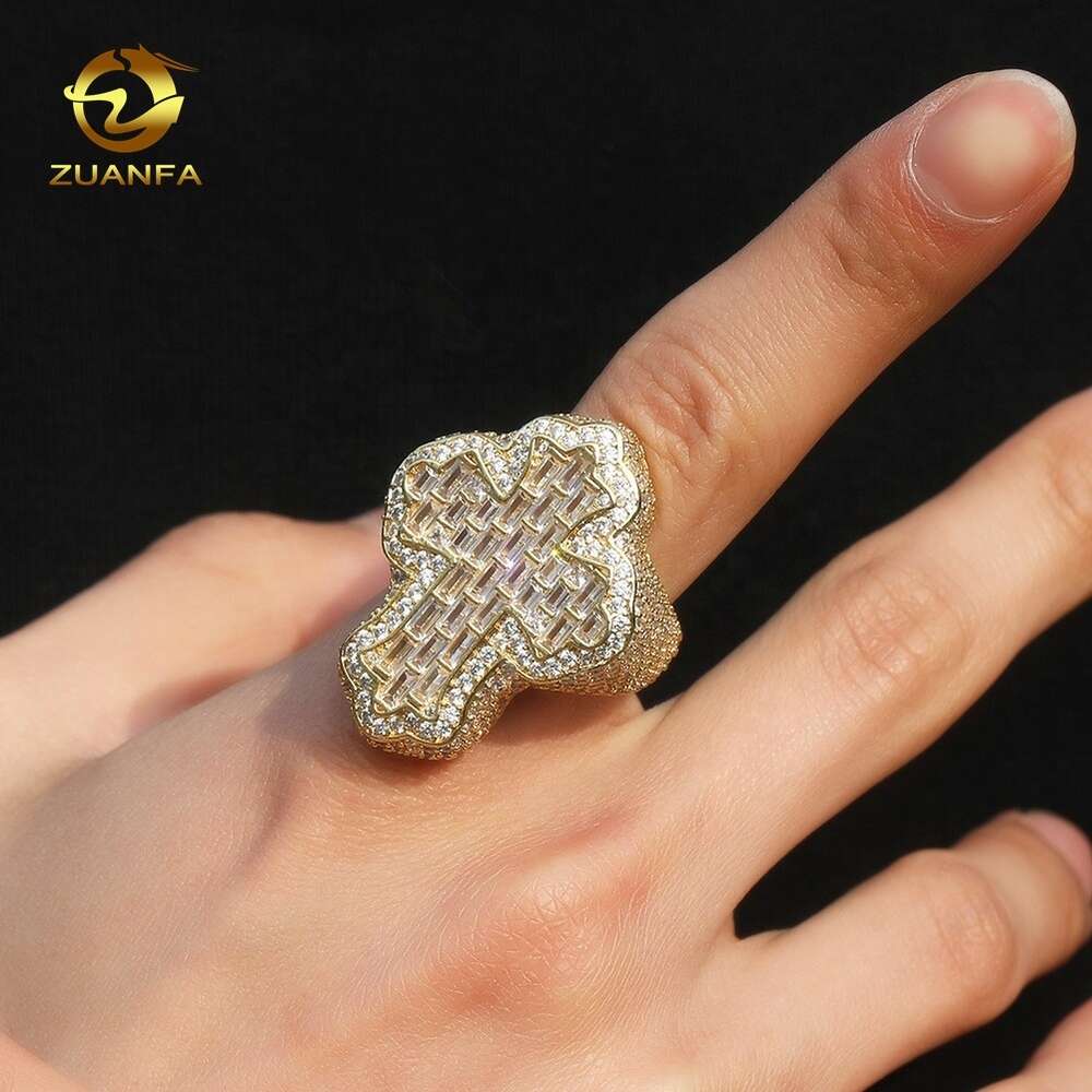 Zuanfa Jewelry Moissanite Hip Hop Ring 925 Sterling Silver Cross Ring Baguette Vvs Moissanite Men Diamond Ring