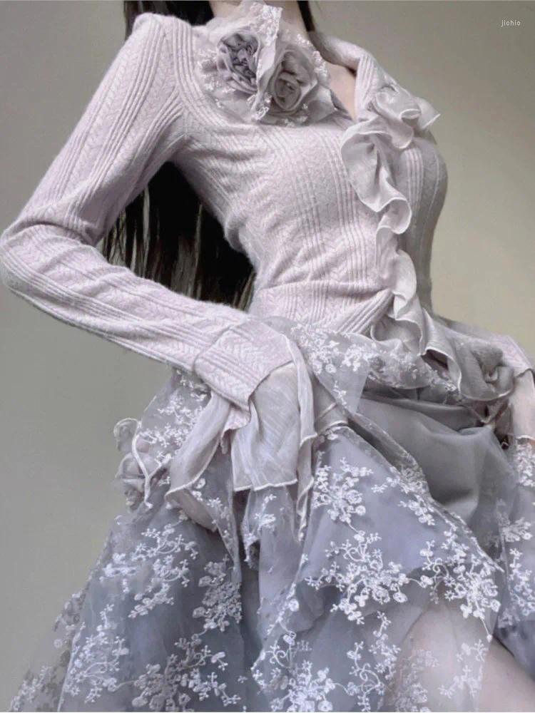 Work Dresses Vintage Two Pieces Sets Women Ruched Purple Sweet Elegant Skirts Suits Female Retro Floral Blouse Korean Ruffles Midi