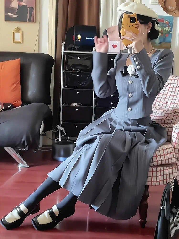 Work Dresses French Retro Preppy Suit Lady Fall Striped Long-sleeved Jacket High-waisted Skirt Two-piece Set 2 Piece Sets Womens Outfits