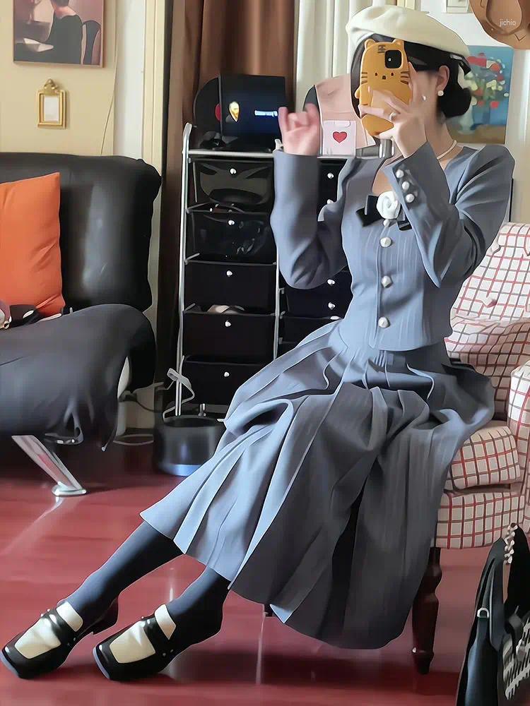 Work Dresses French Retro Preppy Suit Lady Fall Striped Long-sleeved Jacket High-waisted Skirt Two-piece Set 2 Piece Sets Womens Outfits
