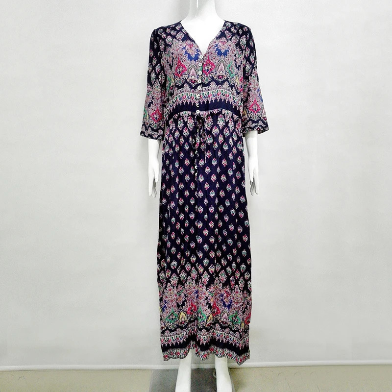 Fashion Spring Summer Long Bohemian Beach Dres Half Sleeve Vintage Retro Floral Maxi Dresses Vestidos Mujer Sundress 240308