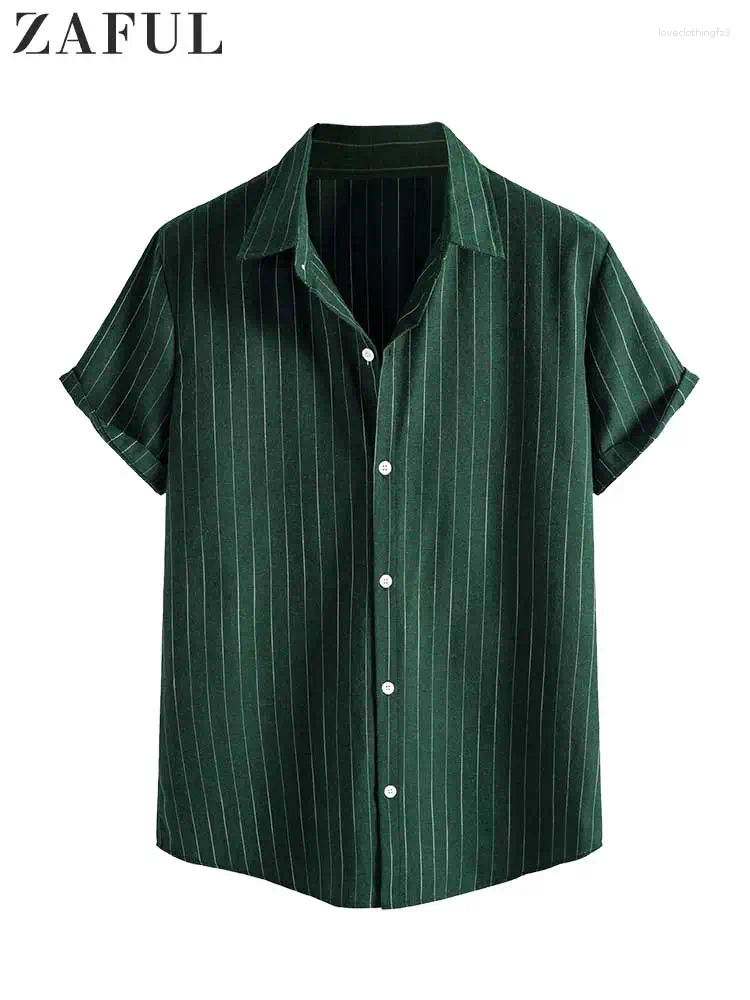 Men's Striped Short-Sleeve Cotton Casual Shirt, Summer Turn-Down Collar Streetwear Tops