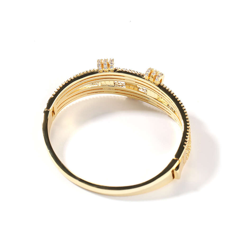 Hip Hop Geometric Double Layer Open Cuff Bangle Bracelet For Men And Women Metal Full Bling Diamond Aesthetic Gold Plated Rapper Cz Stone Jewelry Bijo