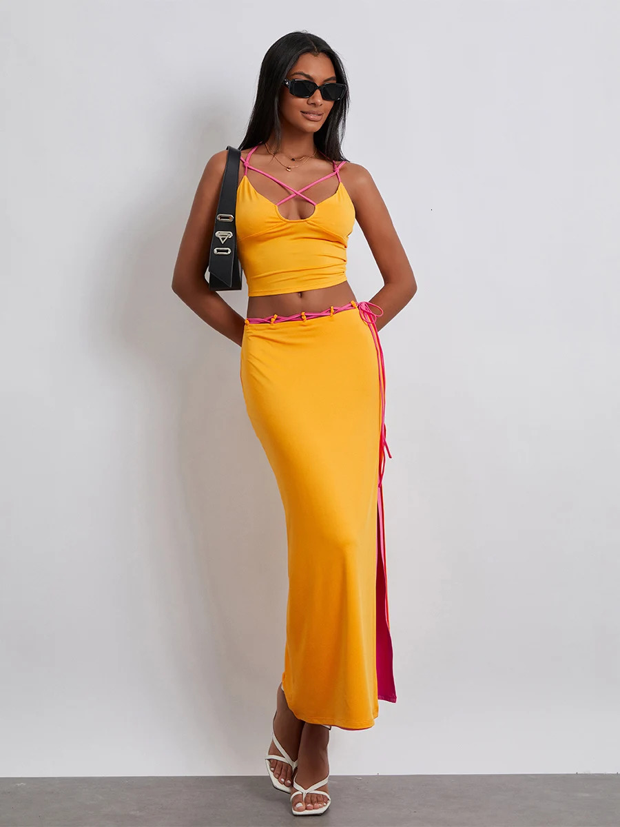 Womens Two Piece Summer Outfits Sleeveless Spaghetti Strap Halter Tops and Long Skirt Set Beachwear 240315Z