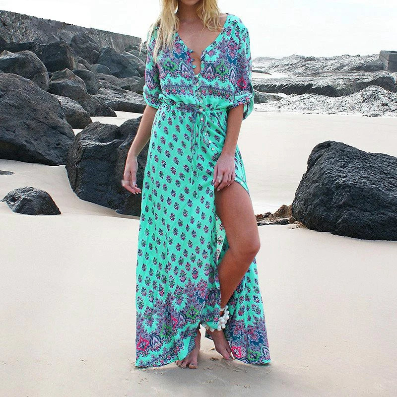 Fashion Spring Summer Long Bohemian Beach Dres Half Sleeve Vintage Retro Floral Maxi Dresses Vestidos Mujer Sundress 240308