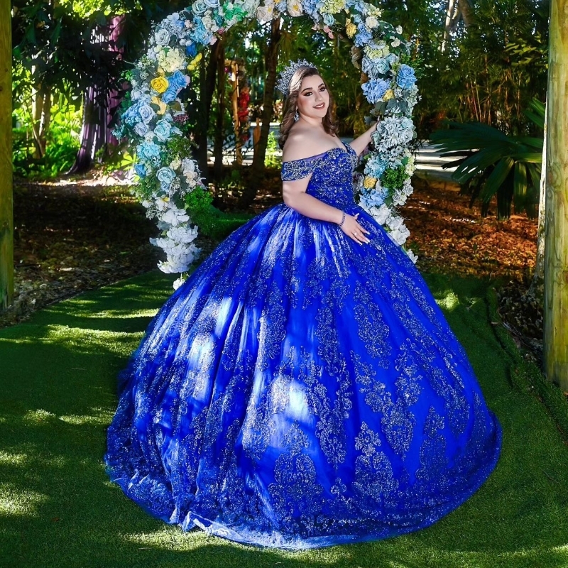 Mexico Royal Blue Shiny Quinceanera Dresses Sequin Applique Lace Crystal Tull Ball Gown Off The Shoulder Beading Corset Vestidos De 15 Anos Sweet 16 D