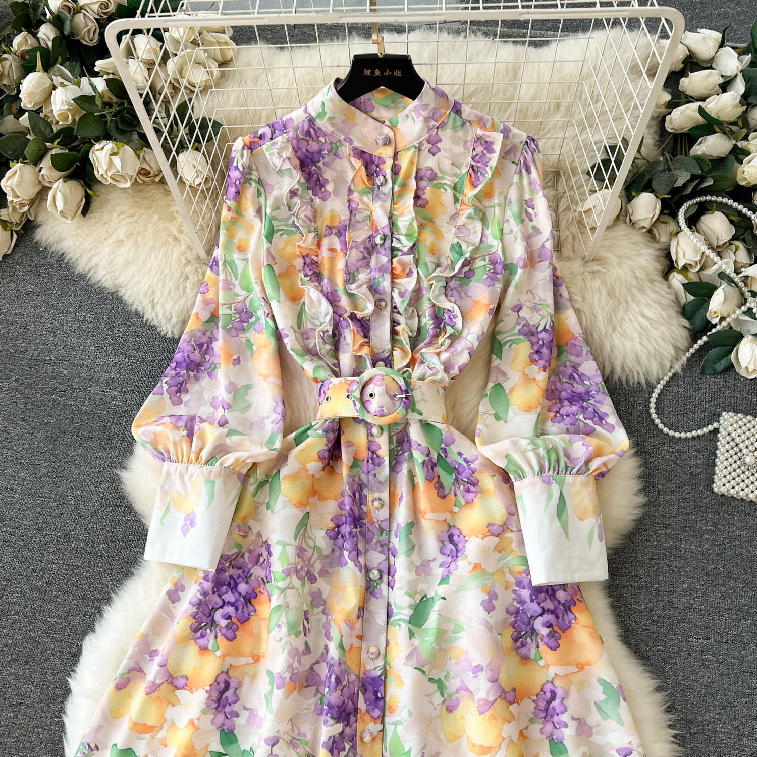 Fancy Front Retro Painted Maxi Shirt Dress Women Stand Collar Buttons Cardigan Swing Dresses Long Sleeve Ladies Elegant Printed Office Casual Party Ro
