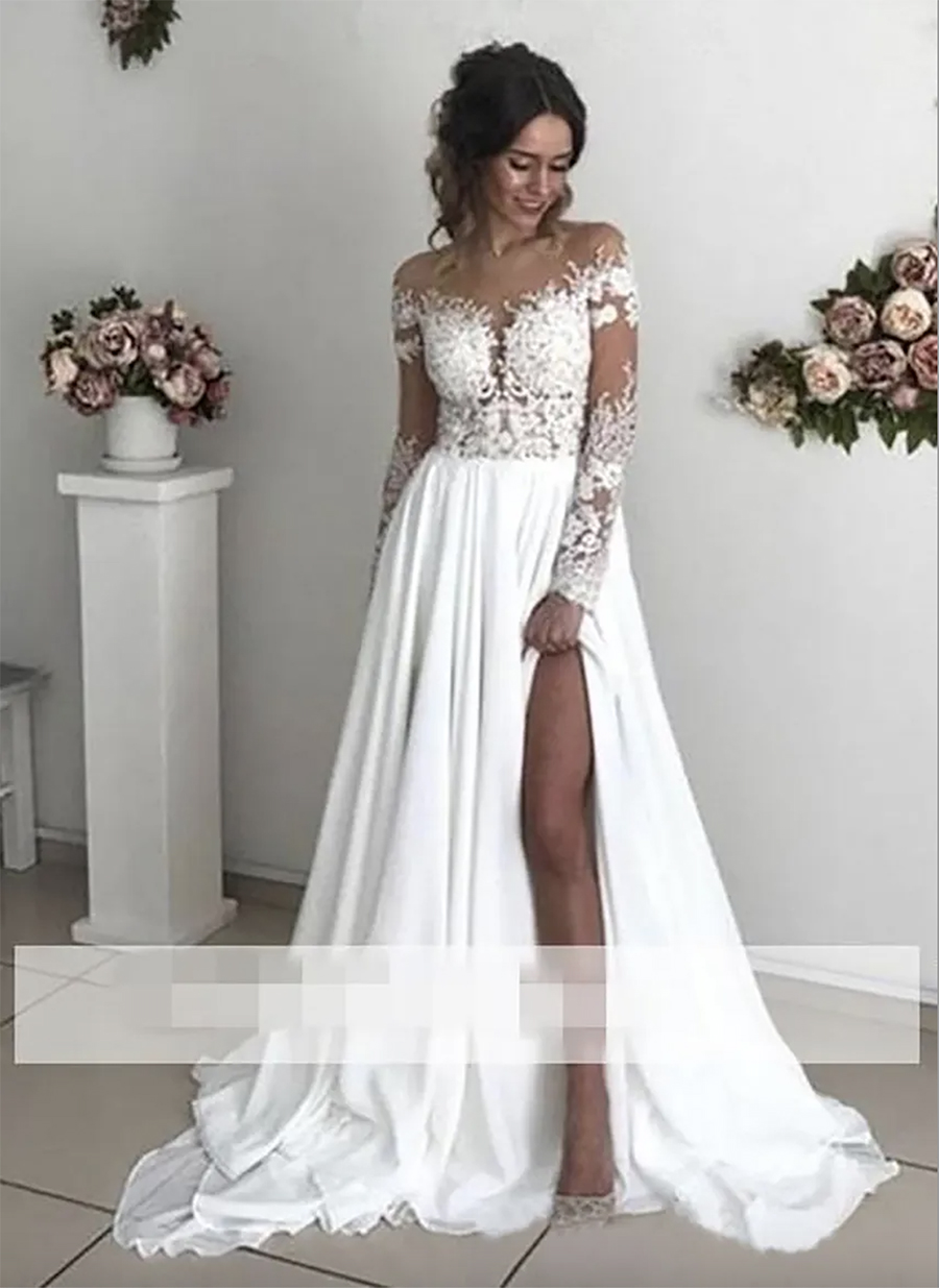 Exquisite Lace Chiffon A-e Wedding Dresses 2024 Sheer Neck Long Sleeves Side Split Sweep Train Back Cover Buttons Country Bridal Gowns