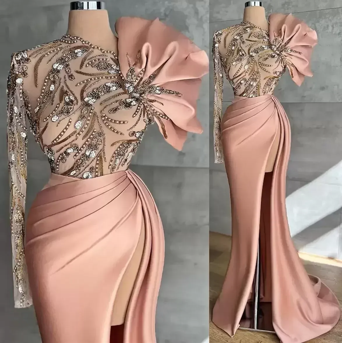 Elegant Sheer One Long Sleeve Mermaid Prom Dresses Front Split Sweep Train Pink Satin Formal Evening Ocn Gowns Robe 0629