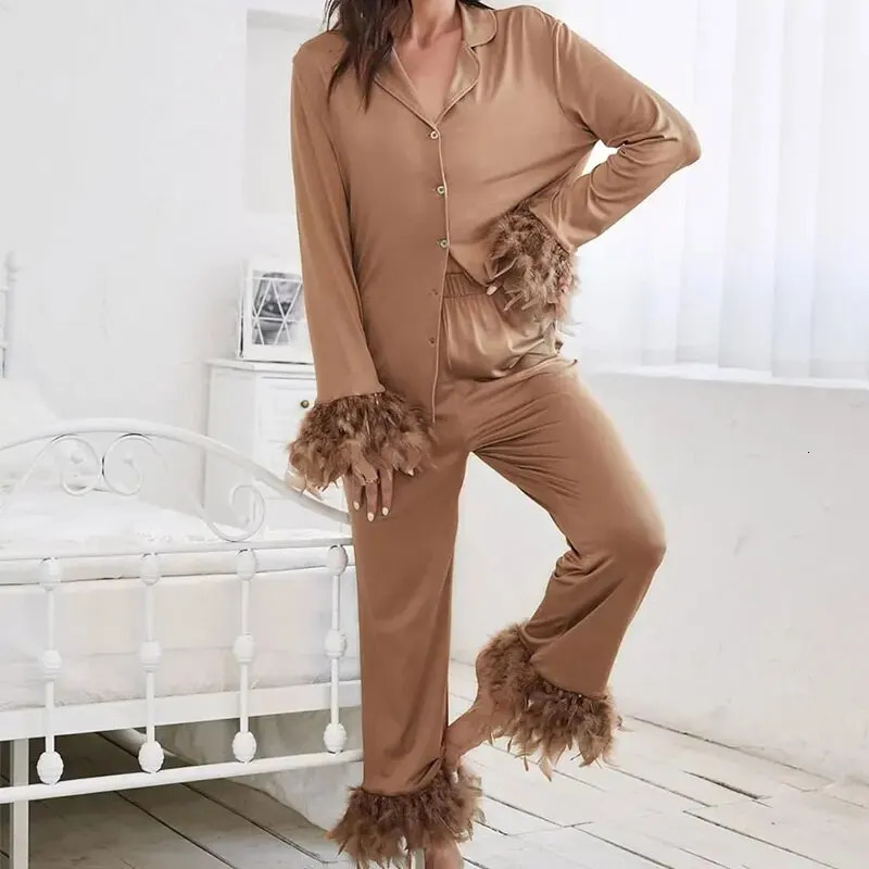 2 Pcs Women Sleepwear Set Long Sleeve and Pants Pajama Elegant Plain Pant Button Front Blouse 240226