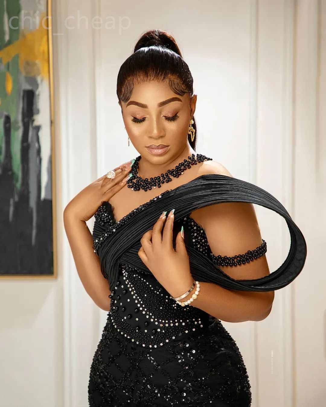 2024 Aso Ebi Black Mermaid Prom Dress Beaded Sheer Neck Evening Formal Party Second Reception 50th Birthday Engagement Gowns Dresses Robe De Soiree ZJ