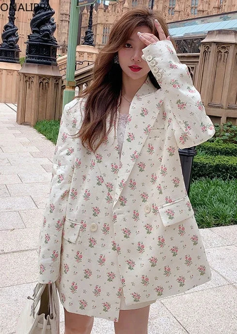 Onalippa Pink Floral Notched Blazer Women Shoulder Pad Single Breasted Women Clothing Korean Sweet Chic Loose Long Sleeves Coats 240228