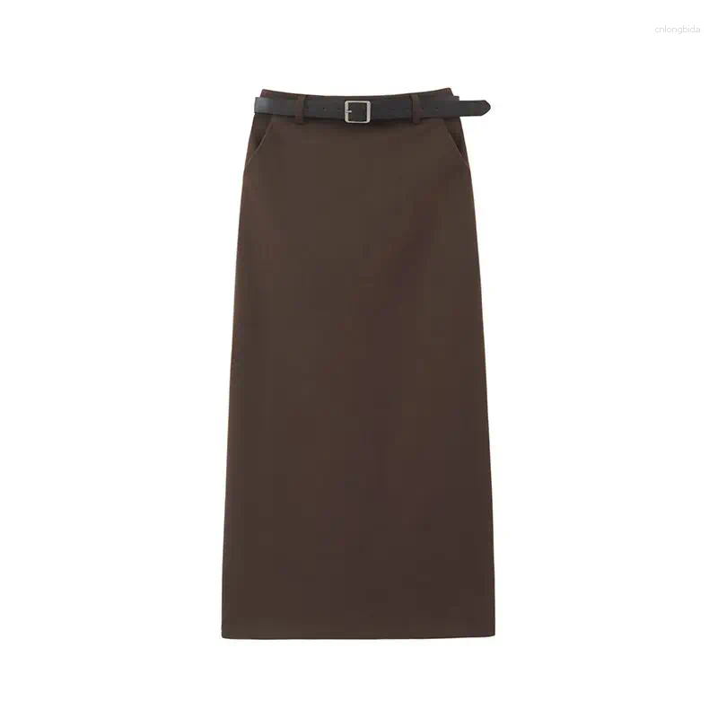 Skirts HOUZHOU Woolen Long Skirt Women 2024 Autumn Winter Korean Fashion Elegant High Waist Back Split Straight Maxi Office Lady
