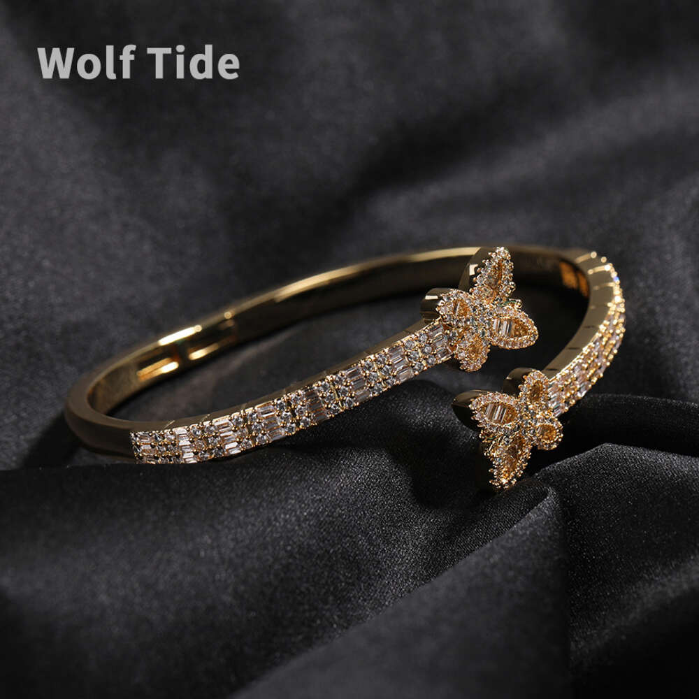 Aesthetic Street Gold Butterfly Bangle Bracelet Open Cuff For Women Hip Hop Copper Prong Iced Out Cubic Zirconia Full Bling Diamond Rapper Cz Stone Je