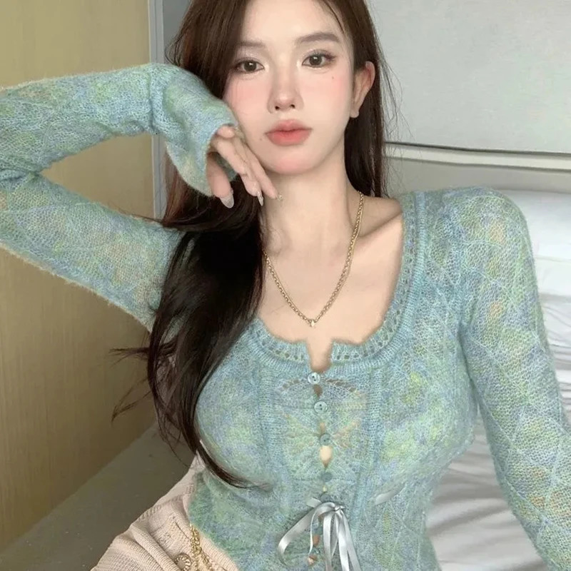 Long Sleeve Rainbow Crop Tops Women Sexy Spice Girls Button Lace-Up Knitted Cardigan Woman Korean Slim Short Sweater 240227