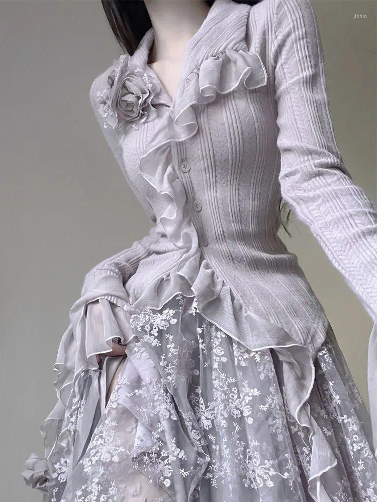 Work Dresses Vintage Two Pieces Sets Women Ruched Purple Sweet Elegant Skirts Suits Female Retro Floral Blouse Korean Ruffles Midi