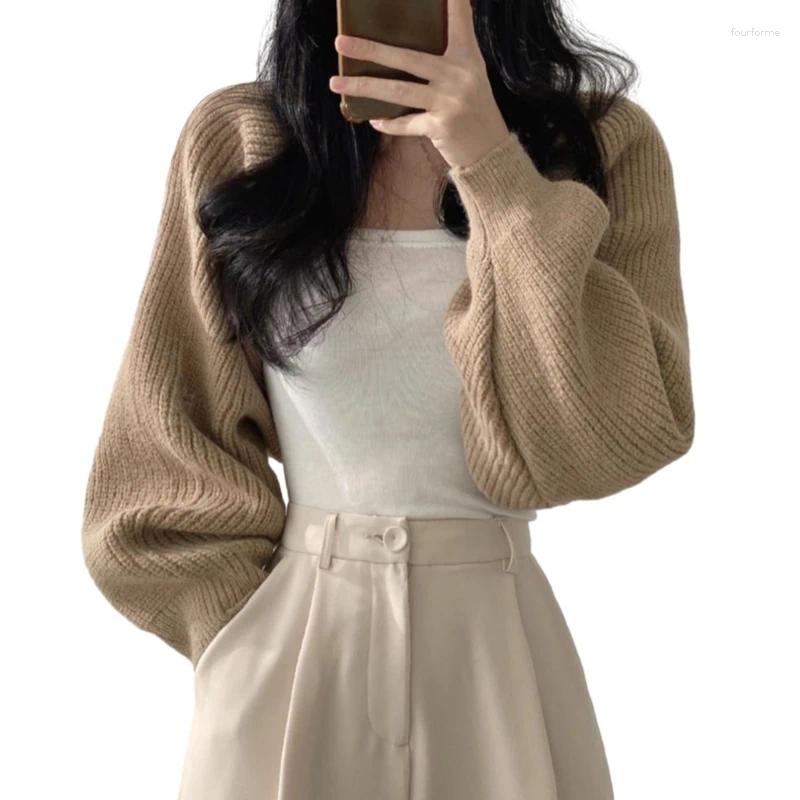 Fall Women's Open Front Shrugs: Solid Long Sleeve Lightweight Knitted Cropped Cardigans B4