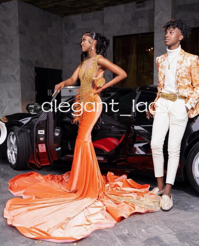 Orange Sparkly Long Evening Formal Dresses for Women Luxury Velvet Crystal Diamond Black Girl Prom Birthday Gala Dress 2024