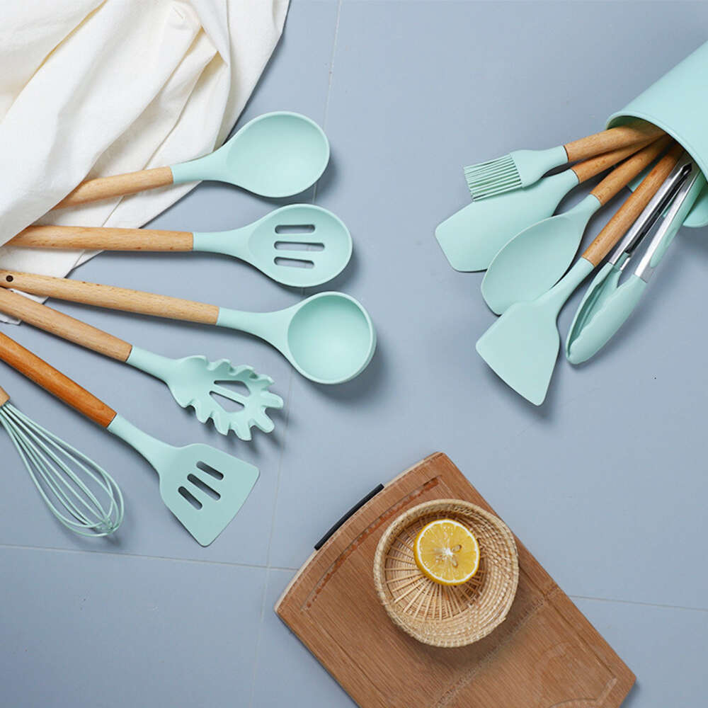 Reusable Adaptive Cooking Skimmer Wooden Tools Soft Non-stick Accessories 12 Pcs Silicone Kitchen Utensil Set for Baking Camping