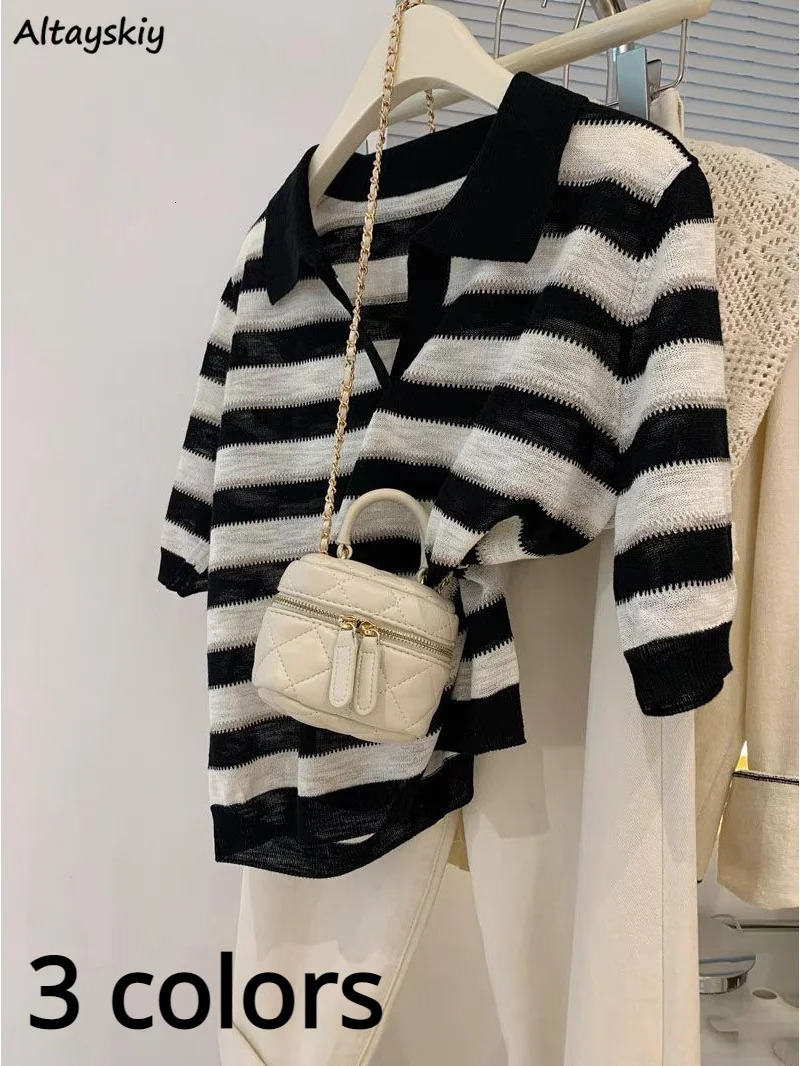Striped Knitted Tshirt Simple Summer Half Sleeve Ladies Tops Allmatch Basic Korean Style Elegant Casual Tees Aesthetic 240228