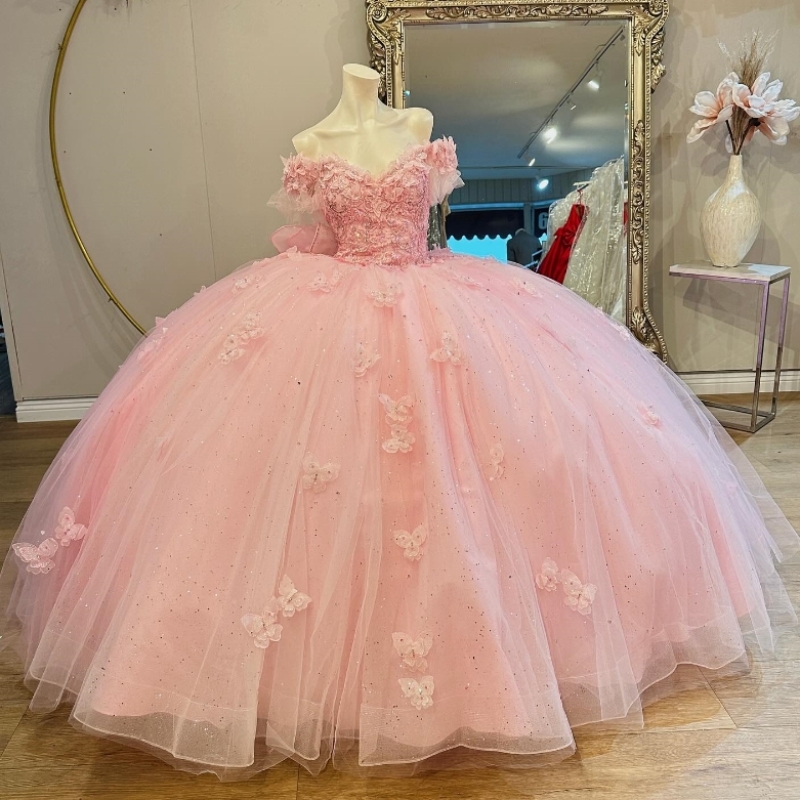 Light Pink Beading Puffy Ball Gown Quinceanera Off The Shoulder Princess Bow Lace Tull Sequin Birthday Party Dresses