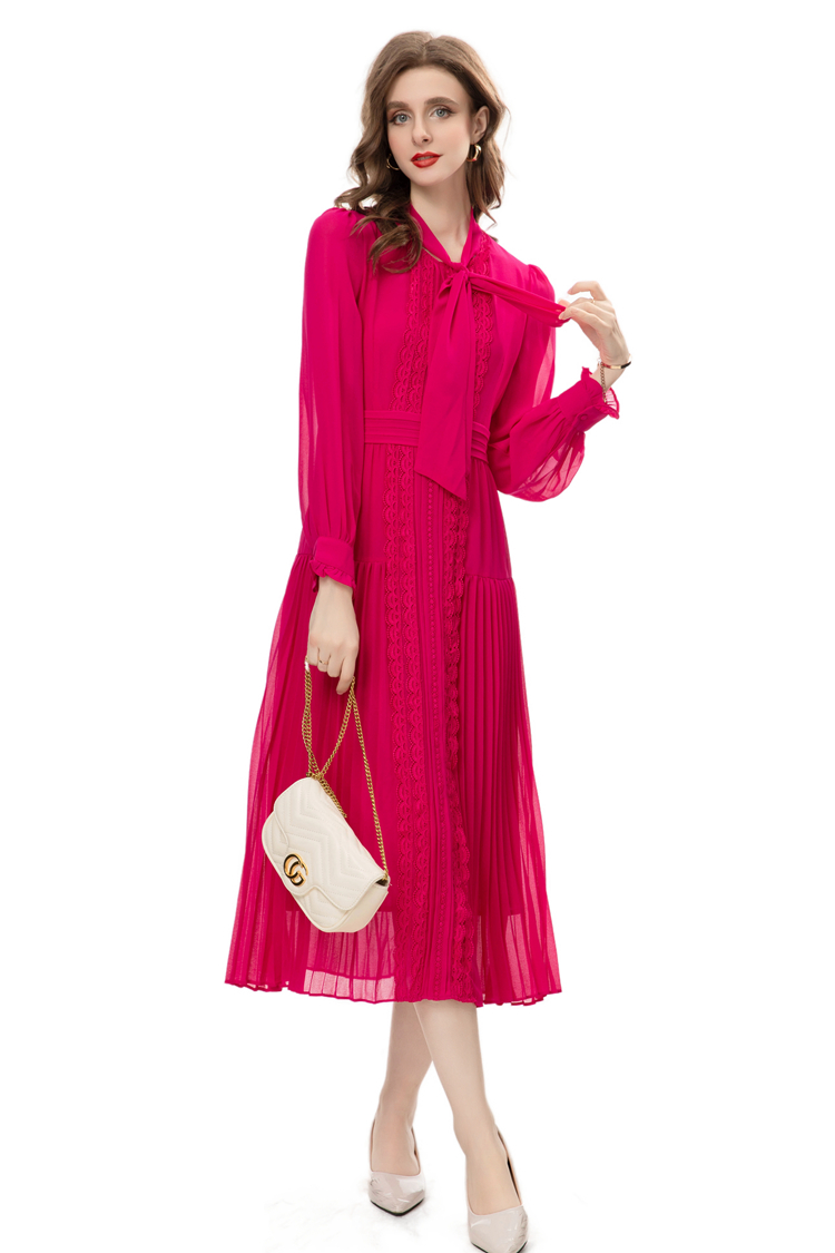 Women's Runway Dresses Bow Collar Long Sleeves Embroidery Lace Patchwork Pleated Elegant Mid Vestidos