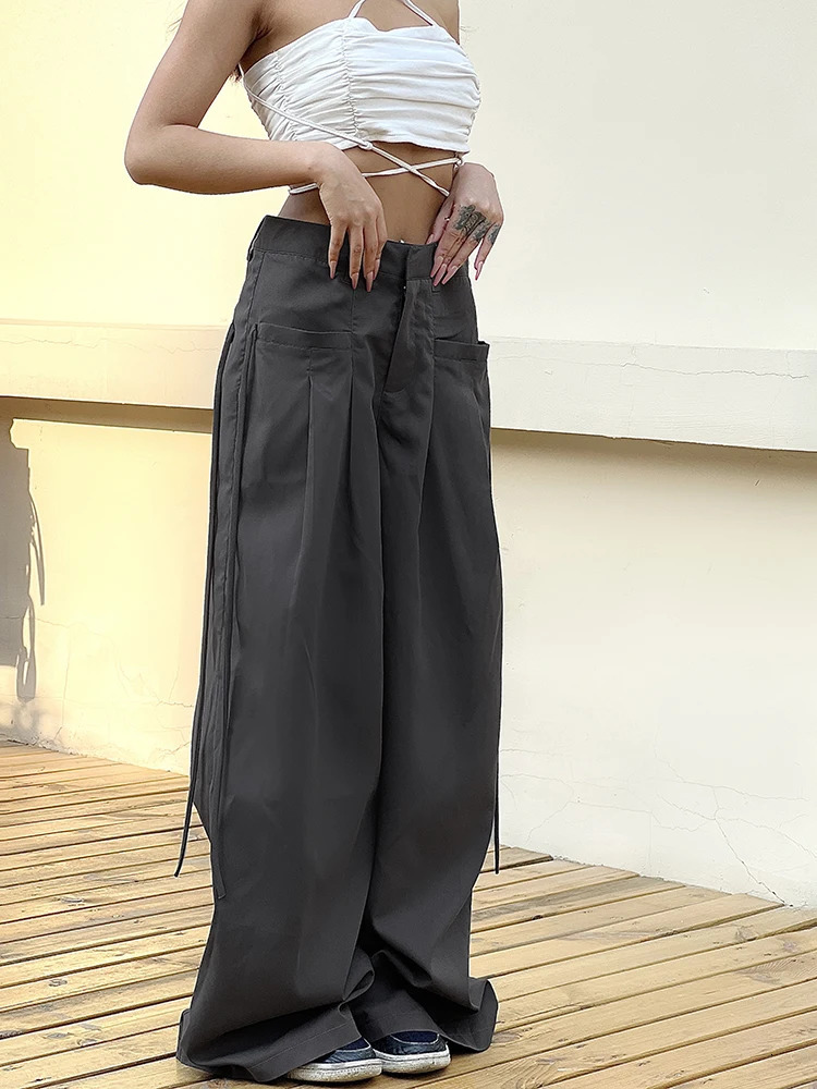 HEYounGIRL Casual Wide Leg Pants Women High Waist Street Basic Slacks Loose Sweat Trousers Korean Retro Gray Office Lady Pants 240309