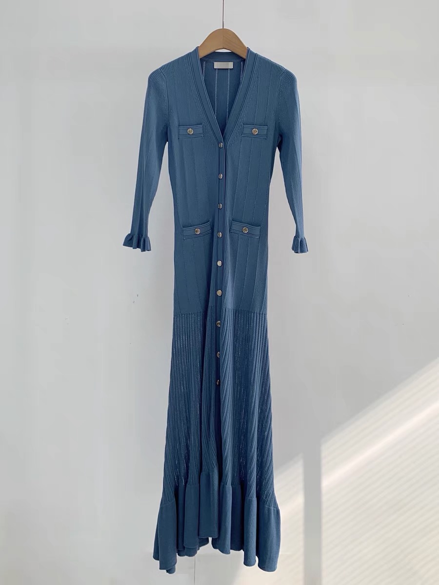 2024 -Spring/Summer New San ro French V-neck blue fishtail long dress summer 3/4 sleeve slimming dress