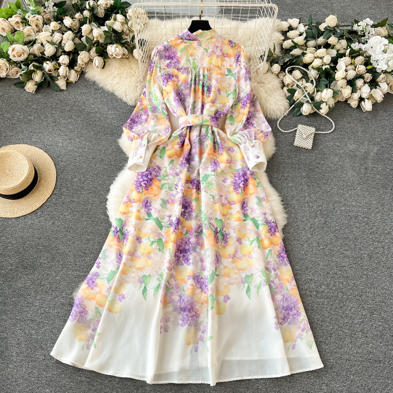 Fancy Front Retro Painted Maxi Shirt Dress Women Stand Collar Buttons Cardigan Swing Dresses Long Sleeve Ladies Elegant Printed Office Casual Party Ro