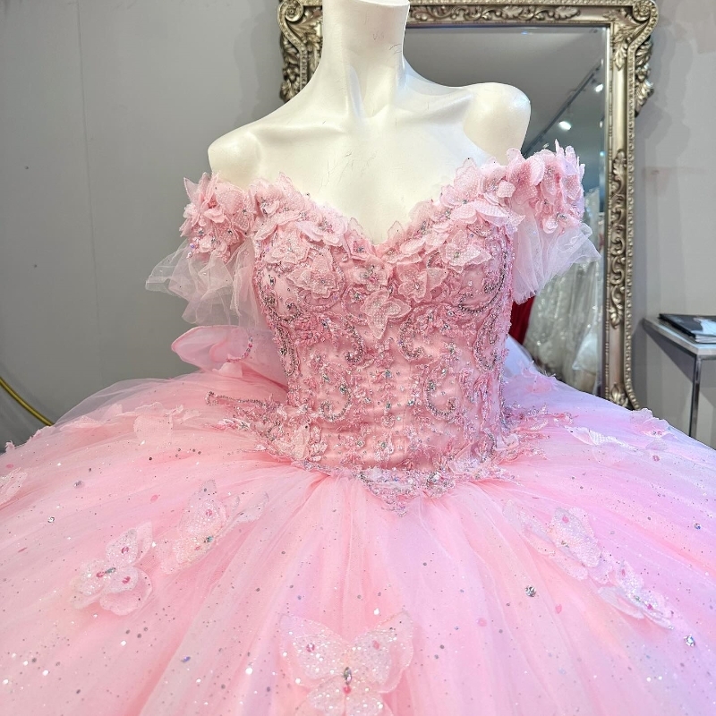 Light Pink Beading Puffy Ball Gown Quinceanera Off The Shoulder Princess Bow Lace Tull Sequin Birthday Party Dresses