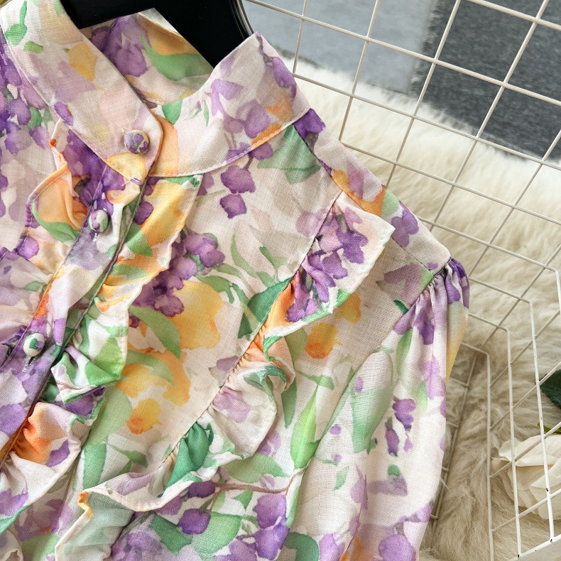 Fancy Front Retro Painted Maxi Shirt Dress Women Stand Collar Buttons Cardigan Swing Dresses Long Sleeve Ladies Elegant Printed Office Casual Party Ro