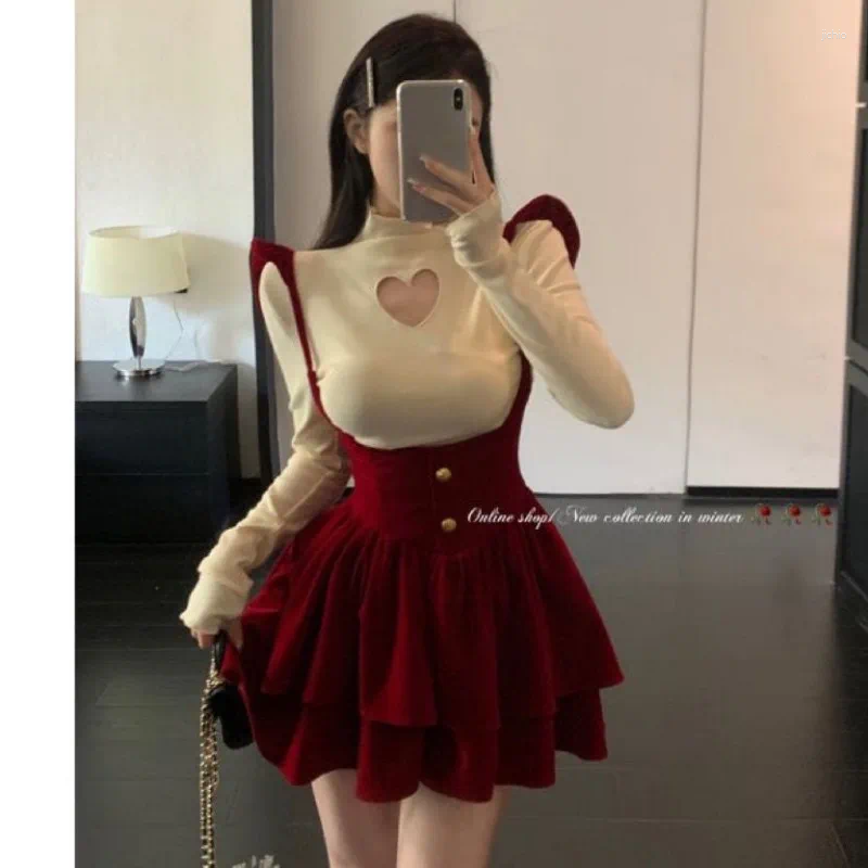 Work Dresses Spicy Girl Love T-shirt Backband Cake Skirt Two Piece Set Women Fashion Flying Sleeves Velvet Hollow High Neck Solid Slim Suit