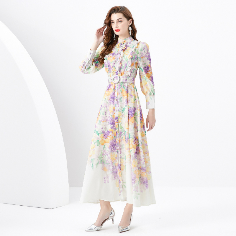 Fancy Front Retro Painted Maxi Shirt Dress Women Stand Collar Buttons Cardigan Swing Dresses Long Sleeve Ladies Elegant Printed Office Casual Party Ro