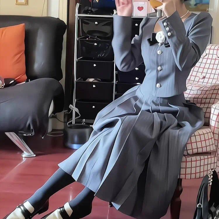 Work Dresses French Retro Preppy Suit Lady Fall Striped Long-sleeved Jacket High-waisted Skirt Two-piece Set 2 Piece Sets Womens Outfits