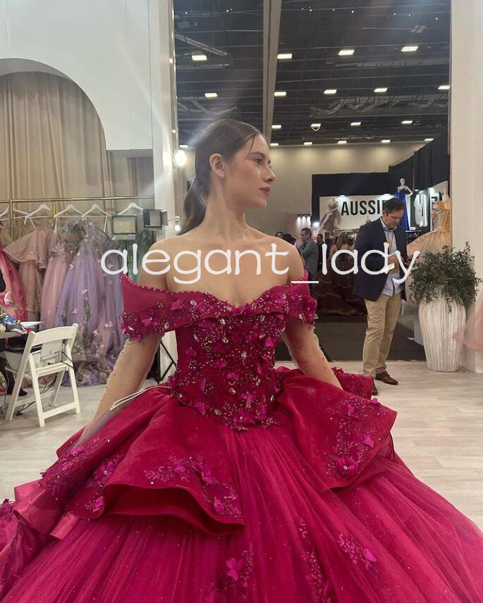 Fuchsia Pink Princess Quinceanera Dresses Off Shoudler Long Sleeve 3D Floral Crystal vestido de 15 quinceaneras 2024