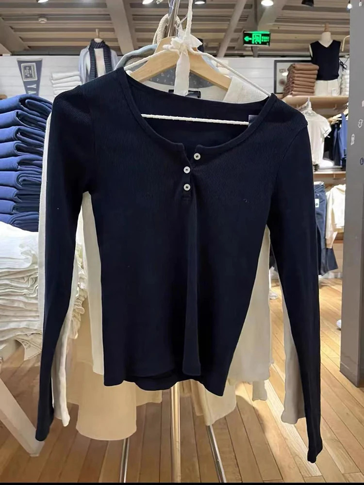 Vintage Button Ribbed Long Sleeve Tees Women Autumn Casual Round Neck Pink Cotton Y2k Tops Vintage Sweet Slim T Shirt For Women 240228