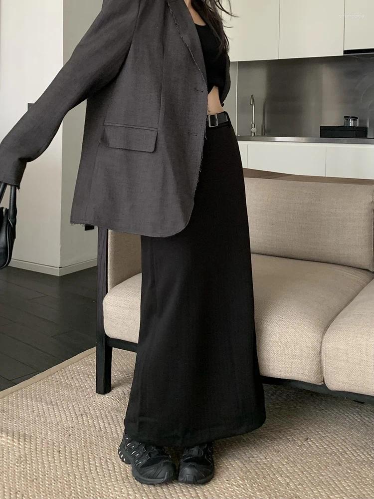 Skirts HOUZHOU Woolen Long Skirt Women 2024 Autumn Winter Korean Fashion Elegant High Waist Back Split Straight Maxi Office Lady