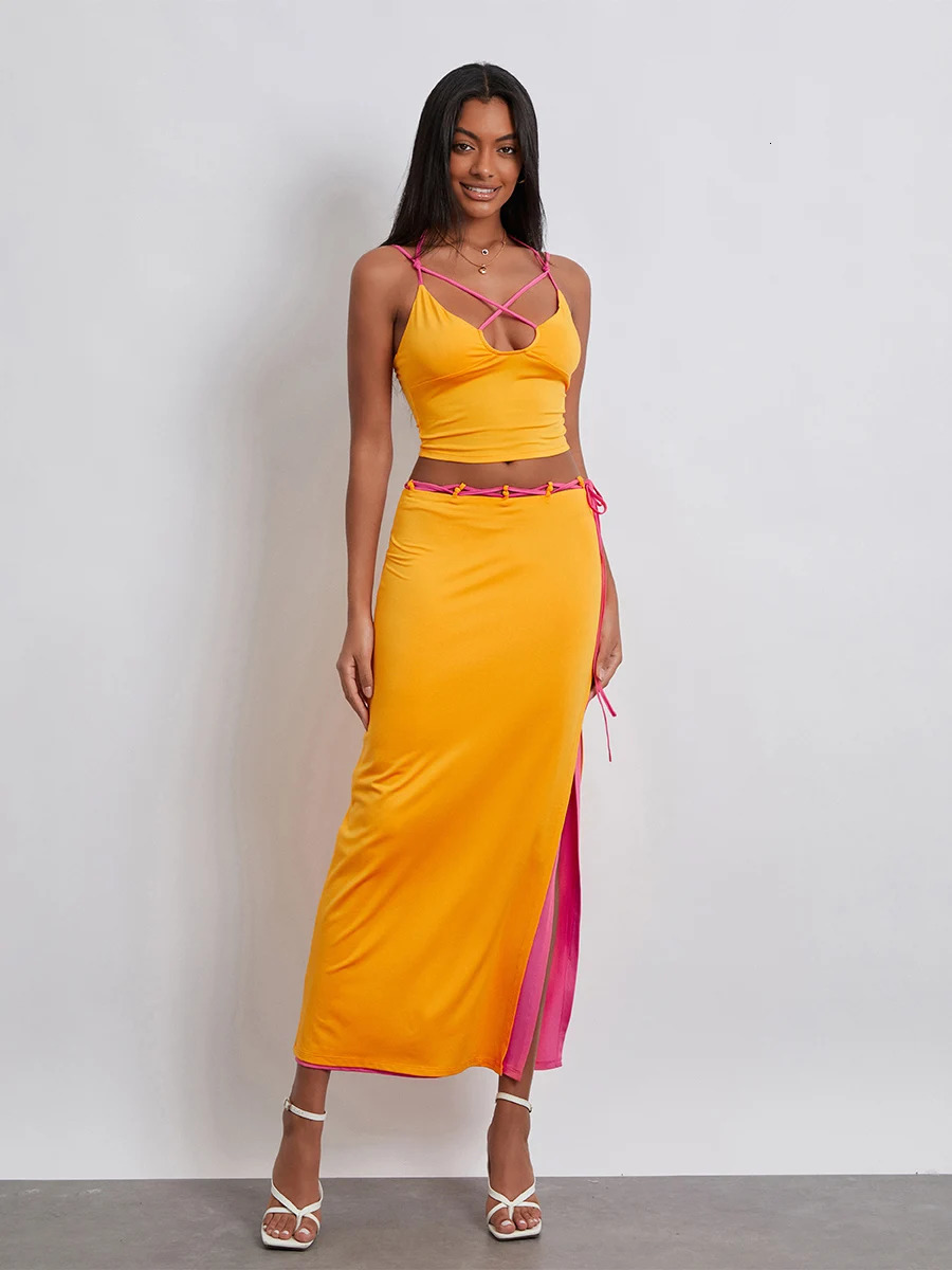 Womens Two Piece Summer Outfits Sleeveless Spaghetti Strap Halter Tops and Long Skirt Set Beachwear 240315Z