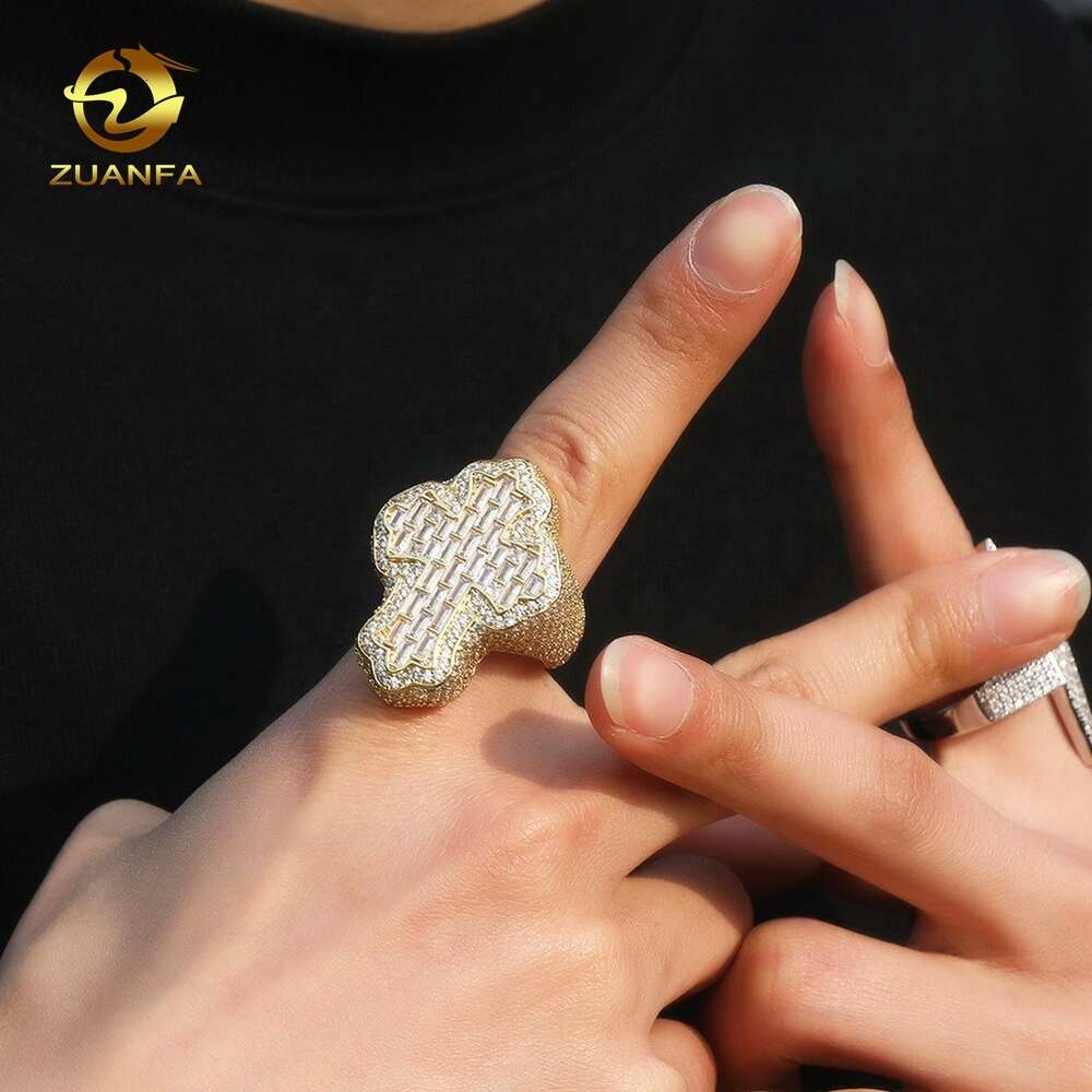 Zuanfa Jewelry Moissanite Hip Hop Ring 925 Sterling Silver Cross Ring Baguette Vvs Moissanite Men Diamond Ring
