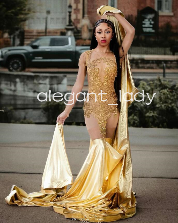 Gold Sparkly Long Mermaid Prom Formal Dresses for Women 2024 Luxury Crystal Black Girl Sheer Mesh Evening Birthday Gala Gown