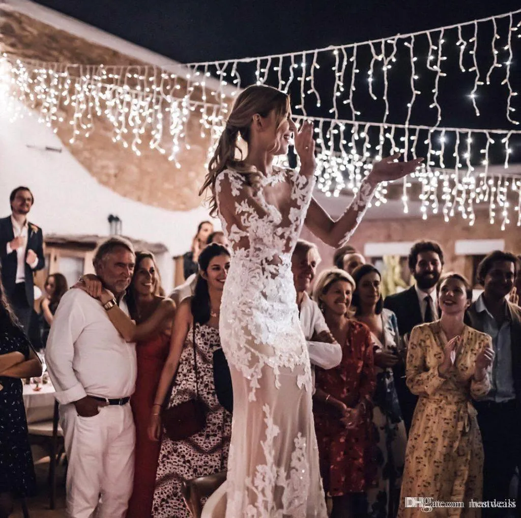 Sexy Sheer Bohemian Wedding Dresses Sheath Long Sleeves Lace Appliqued Backless Beach Boho Bridal Gowns BC 6660306