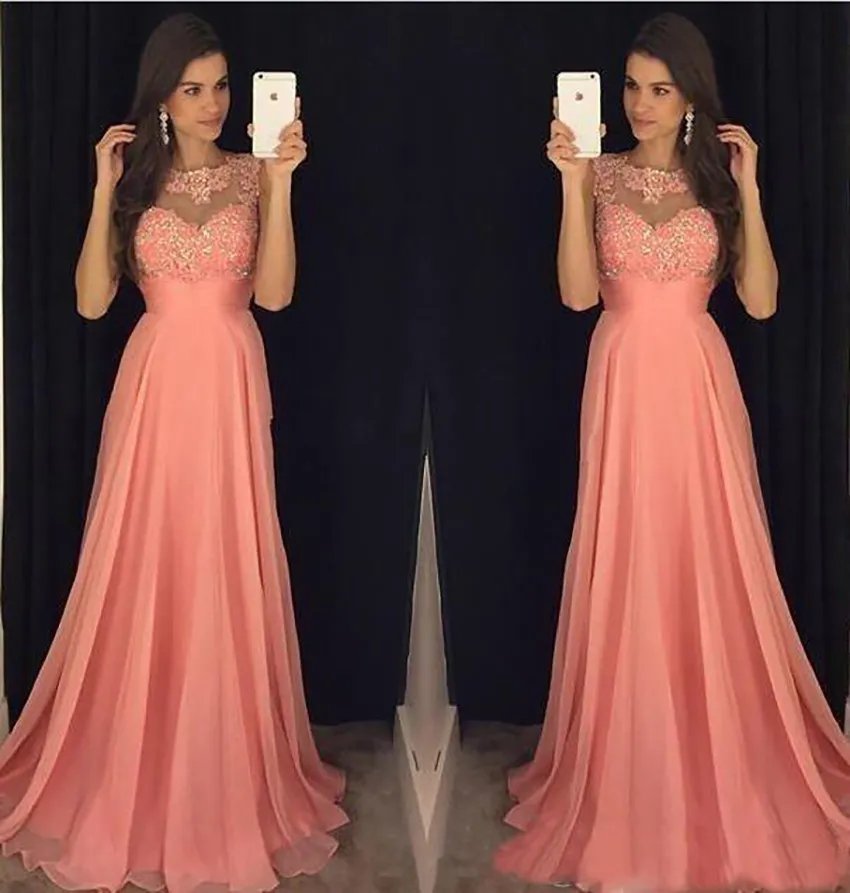 Plus Size Coral Pink A Line Bridesmaid Dresses Chiffon Jewel Neck Lace Appliques Beaded Floor Length Maid of Honor Bridal Party Gowns