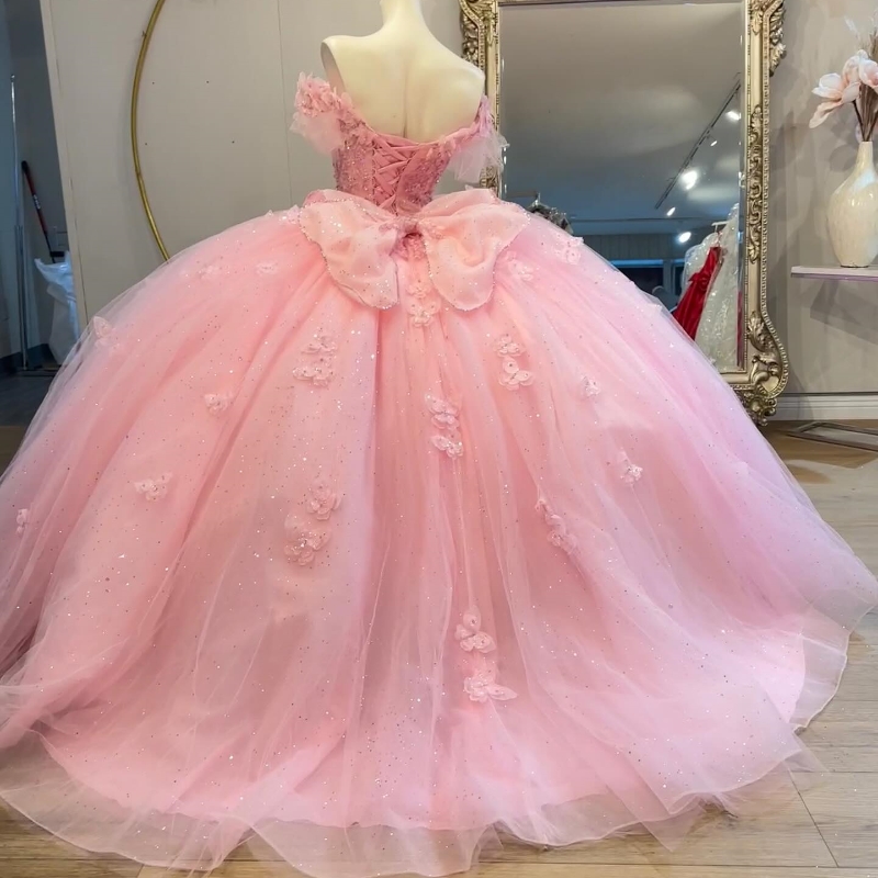 Light Pink Beading Puffy Ball Gown Quinceanera Off The Shoulder Princess Bow Lace Tull Sequin Birthday Party Dresses