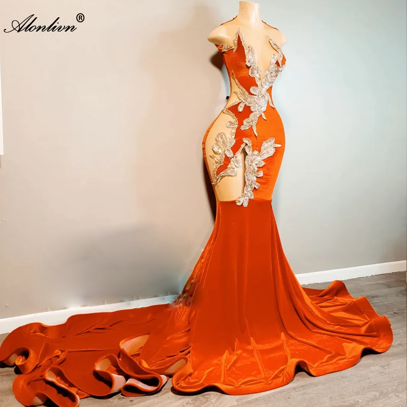Sexy Flormal Prom Dresses Sheer Hollow Neck Luxury Beading Lace Crystals Velvet Mermaid Ladies Prom Party Gowns