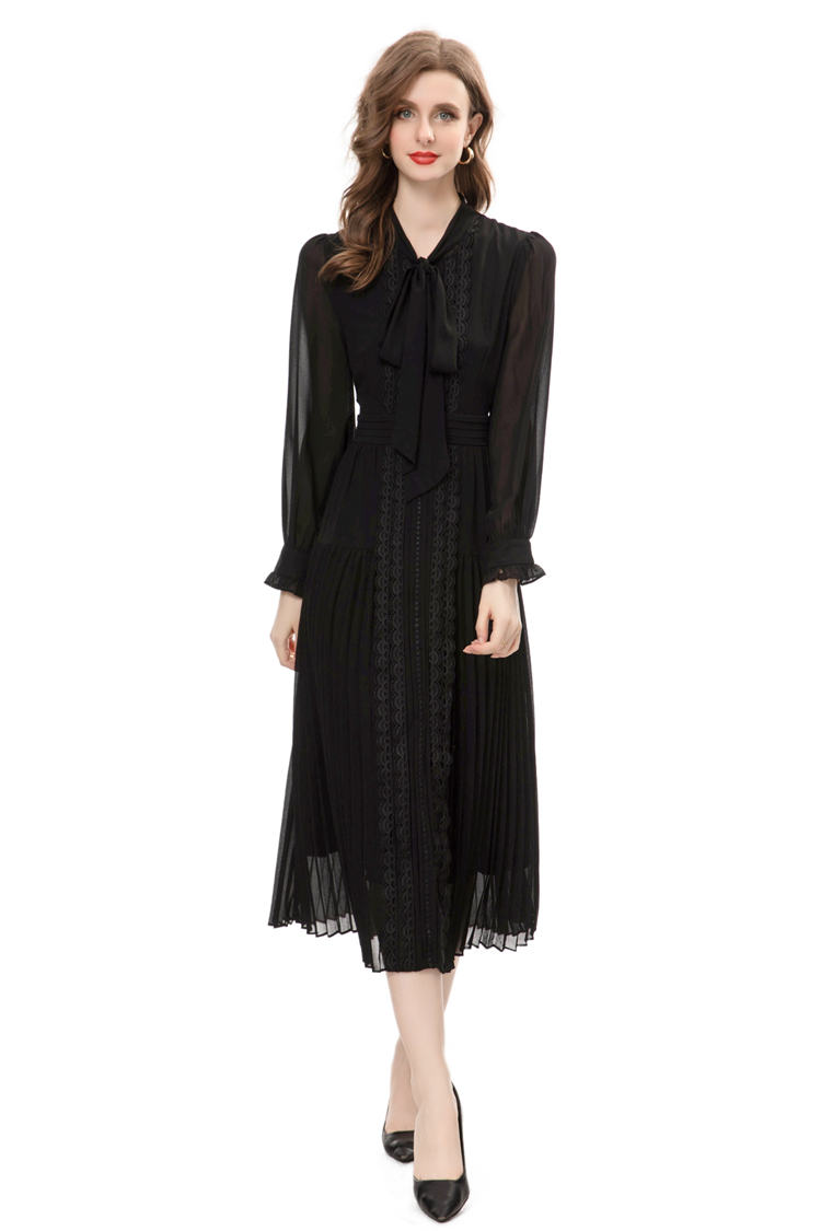 Women's Runway Dresses Bow Collar Long Sleeves Embroidery Lace Patchwork Pleated Elegant Mid Vestidos